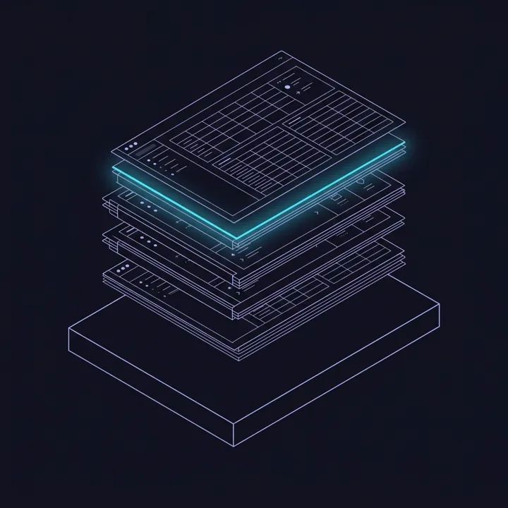 Ilustração isométrica: camadas de dados empilhadas sobre uma base, com uma linha de luz cyan entre as camadas