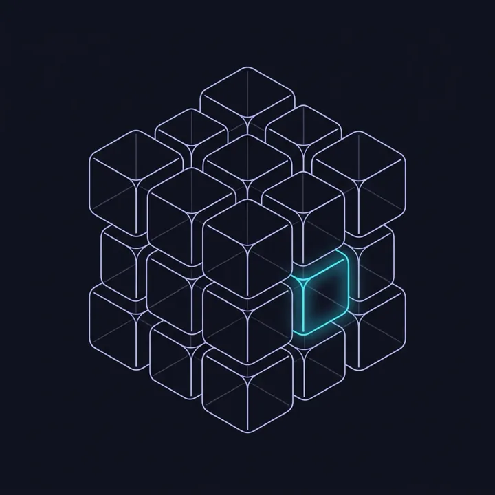 Ilustração isométrica: cubos modulares em wireframe se encaixando, um deles aceso em cyan