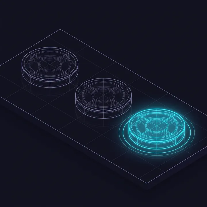 Ilustração isométrica: três nós circulares em fila, o terceiro aceso em cyan com um anel de irradiação